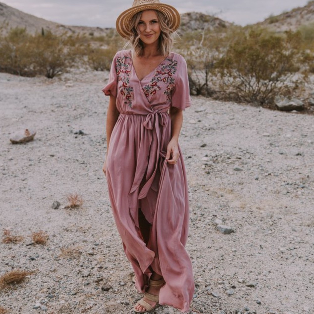 Embroidered Wrap Maxi Dress in Dusty Pink